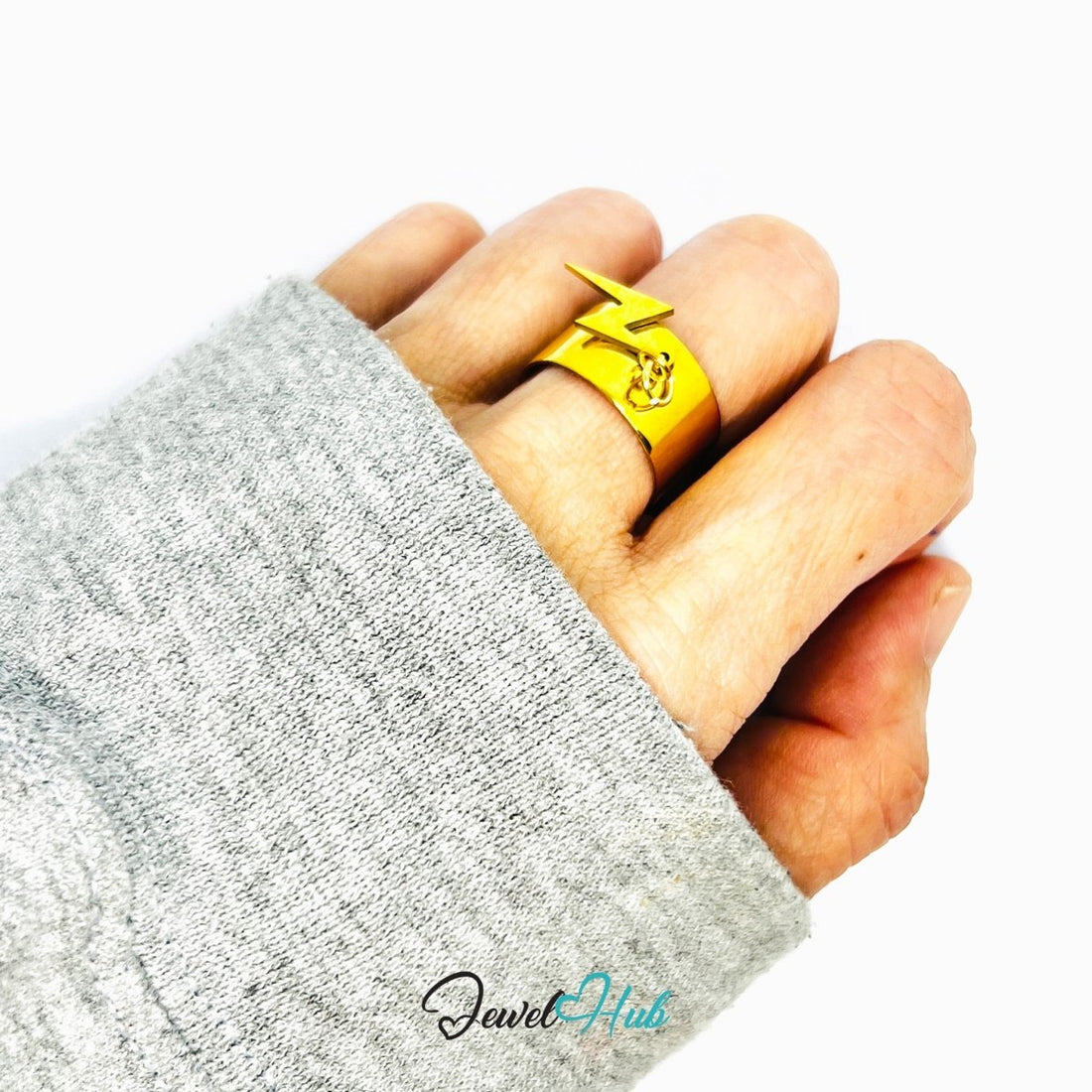 Stainless Steel Lightning Bolt Charm Ring – Gold - Plated Wide Band, Adjustable Fit - JewelHub.co.uk