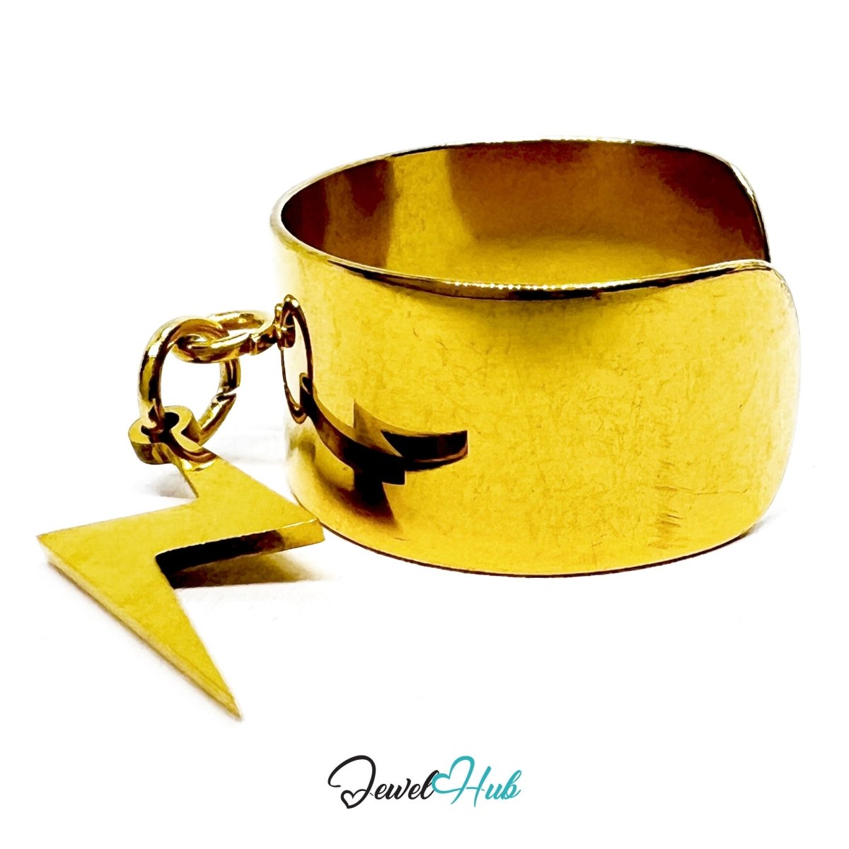 Stainless Steel Lightning Bolt Charm Ring – Gold - Plated Wide Band, Adjustable Fit - JewelHub.co.uk