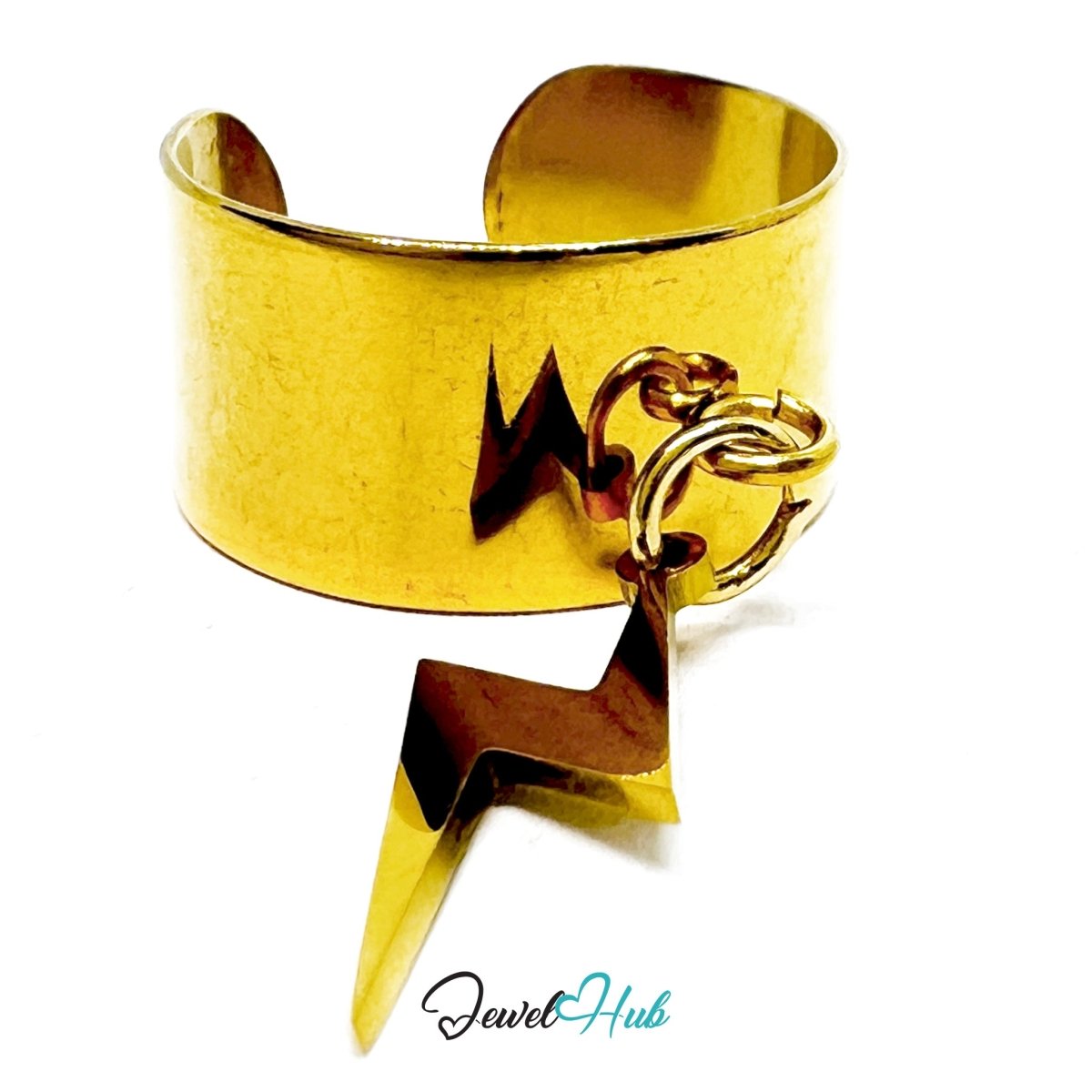 Stainless Steel Lightning Bolt Charm Ring – Gold - Plated Wide Band, Adjustable Fit - JewelHub.co.uk