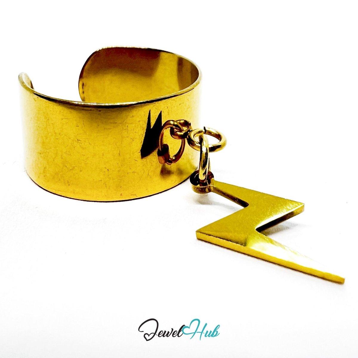 Stainless Steel Lightning Bolt Charm Ring – Gold - Plated Wide Band, Adjustable Fit - JewelHub.co.uk
