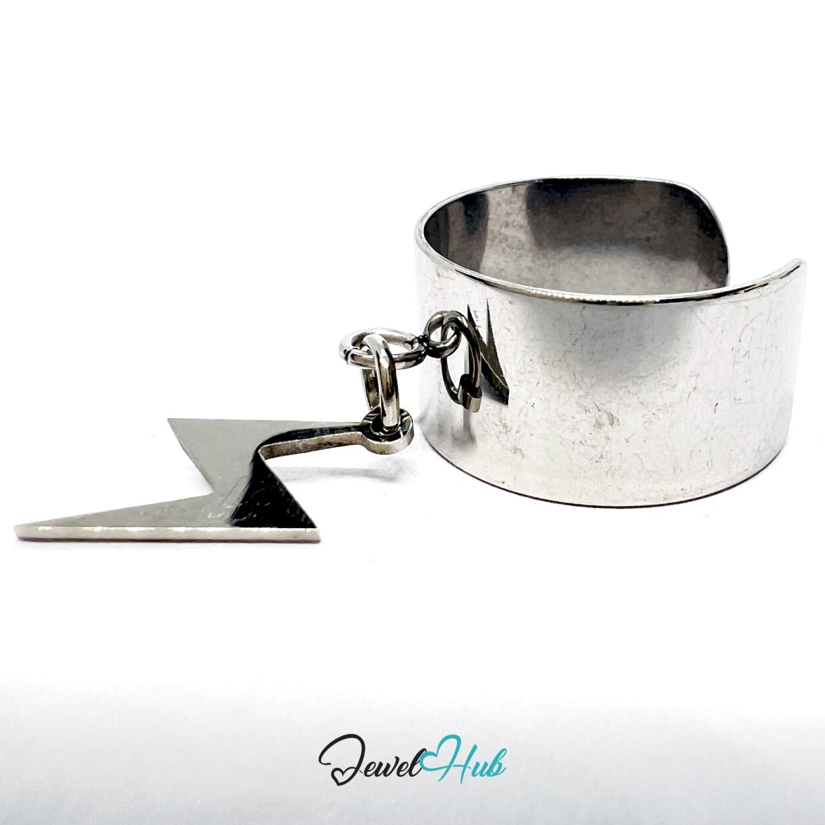 Stainless Steel Lightning Bolt Charm Ring – Silver - Plated Wide Band, Adjustable Fit - JewelHub.co.uk