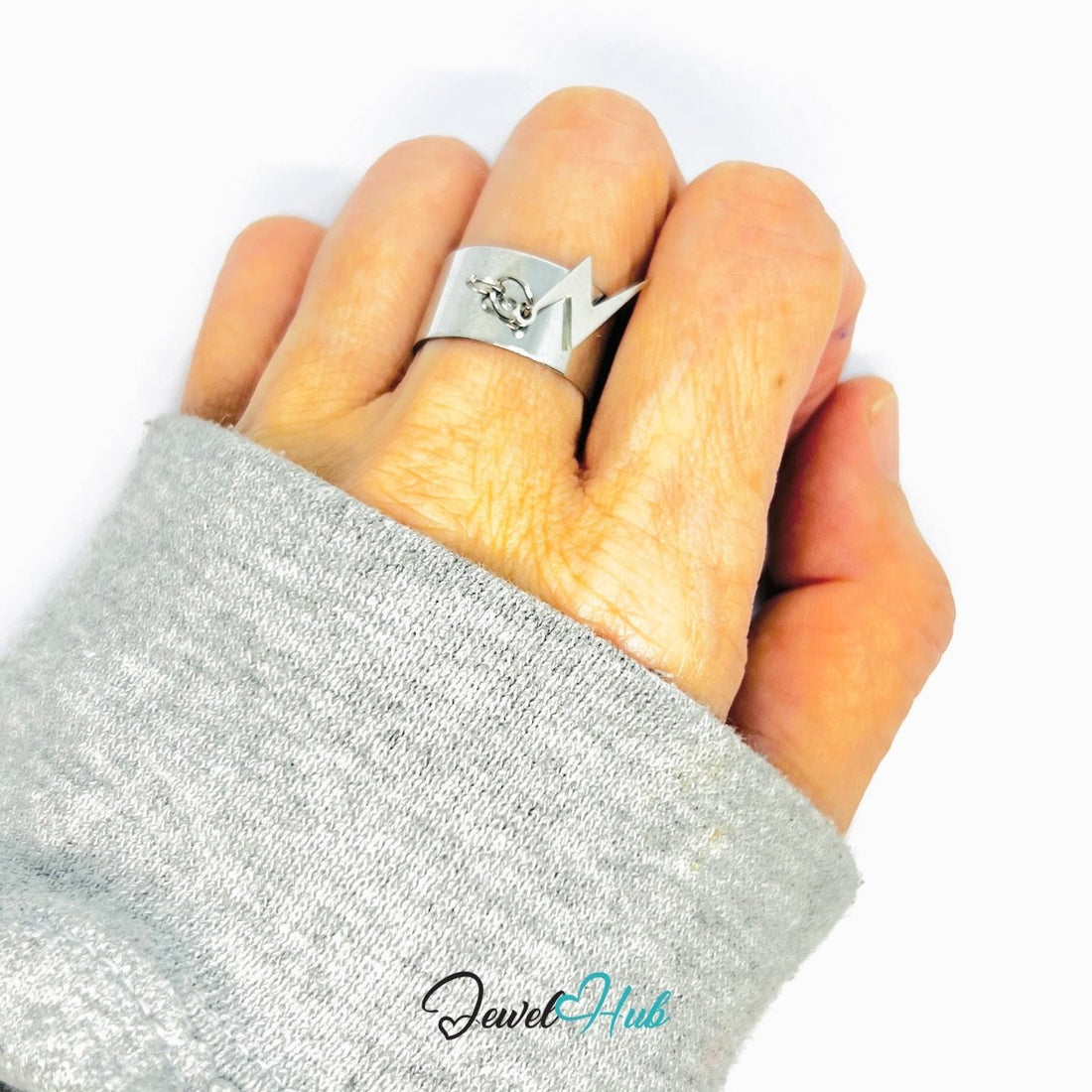 Stainless Steel Lightning Bolt Charm Ring – Silver - Plated Wide Band, Adjustable Fit - JewelHub.co.uk