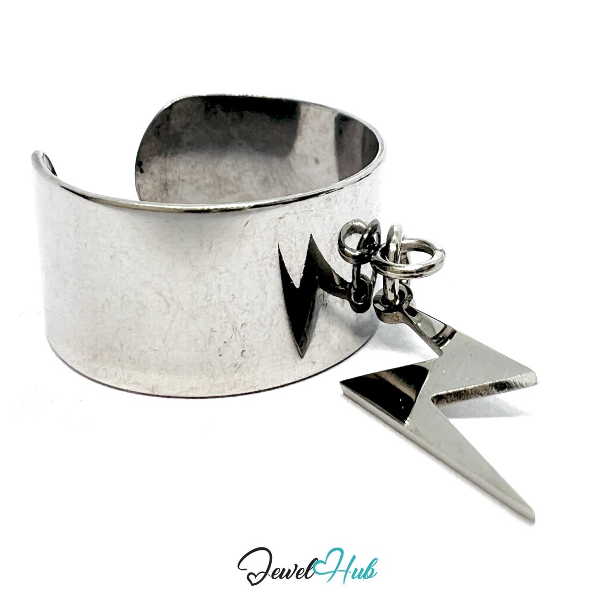 Stainless Steel Lightning Bolt Charm Ring – Silver - Plated Wide Band, Adjustable Fit - JewelHub.co.uk