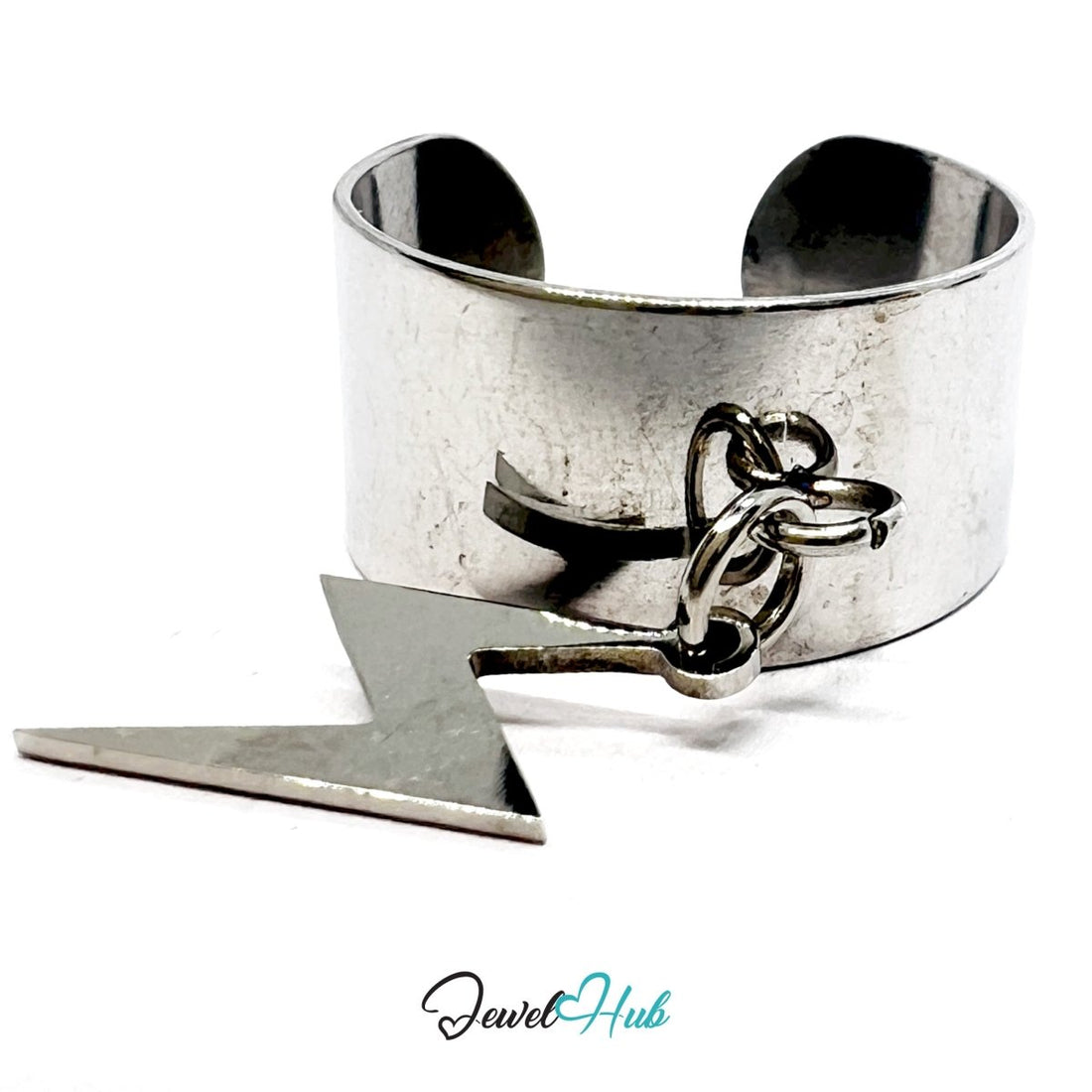 Stainless Steel Lightning Bolt Charm Ring – Silver - Plated Wide Band, Adjustable Fit - JewelHub.co.uk