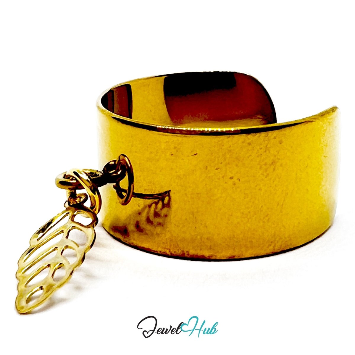 Stainless Steel Long Leaf Charm Ring – Gold‑Plated Wide Band, Adjustable Fit - JewelHub.co.uk