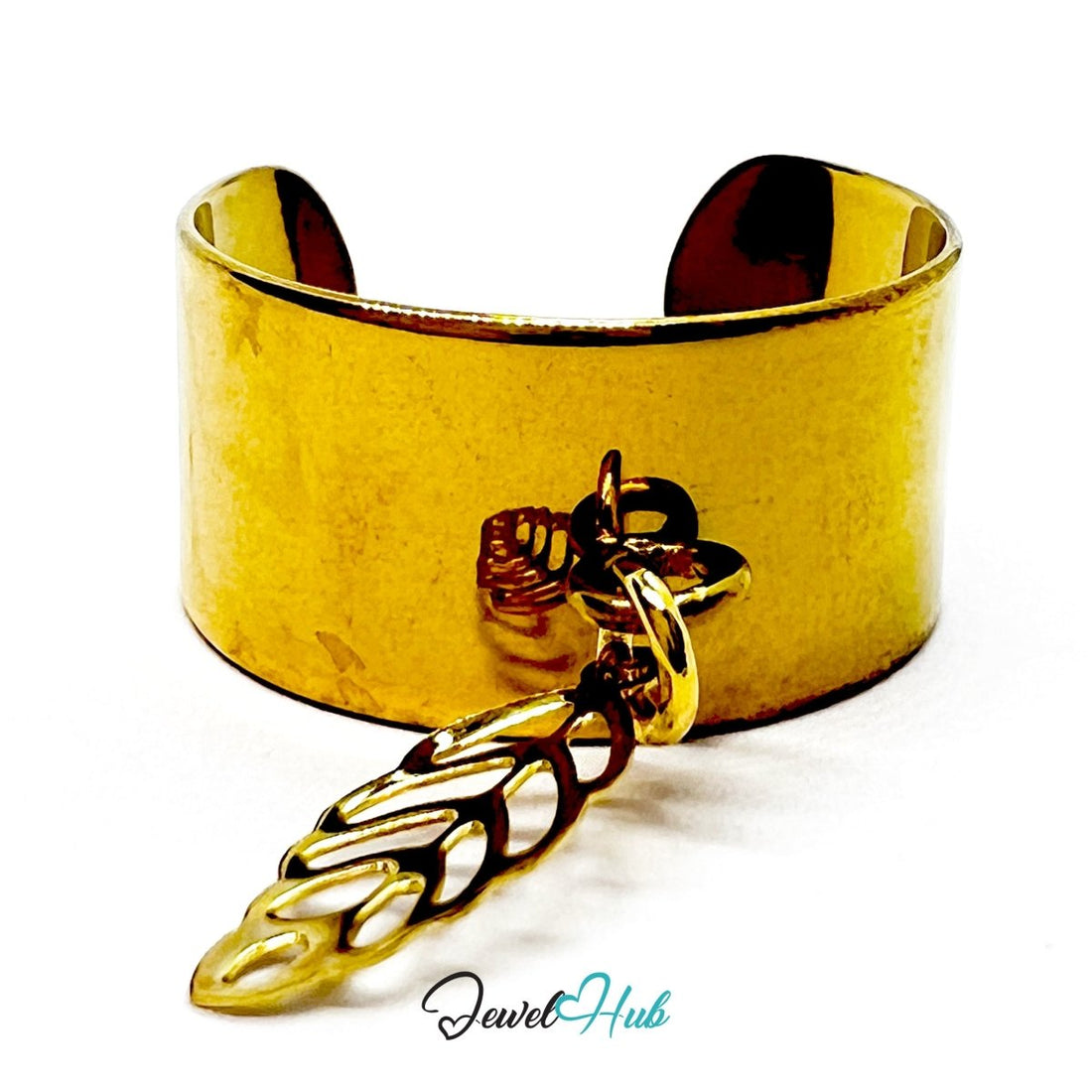 Stainless Steel Long Leaf Charm Ring – Gold‑Plated Wide Band, Adjustable Fit - JewelHub.co.uk