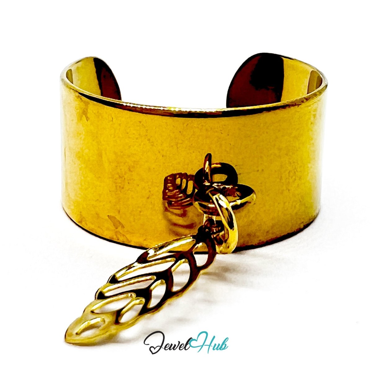 Stainless Steel Long Leaf Charm Ring – Gold‑Plated Wide Band, Adjustable Fit - JewelHub.co.uk