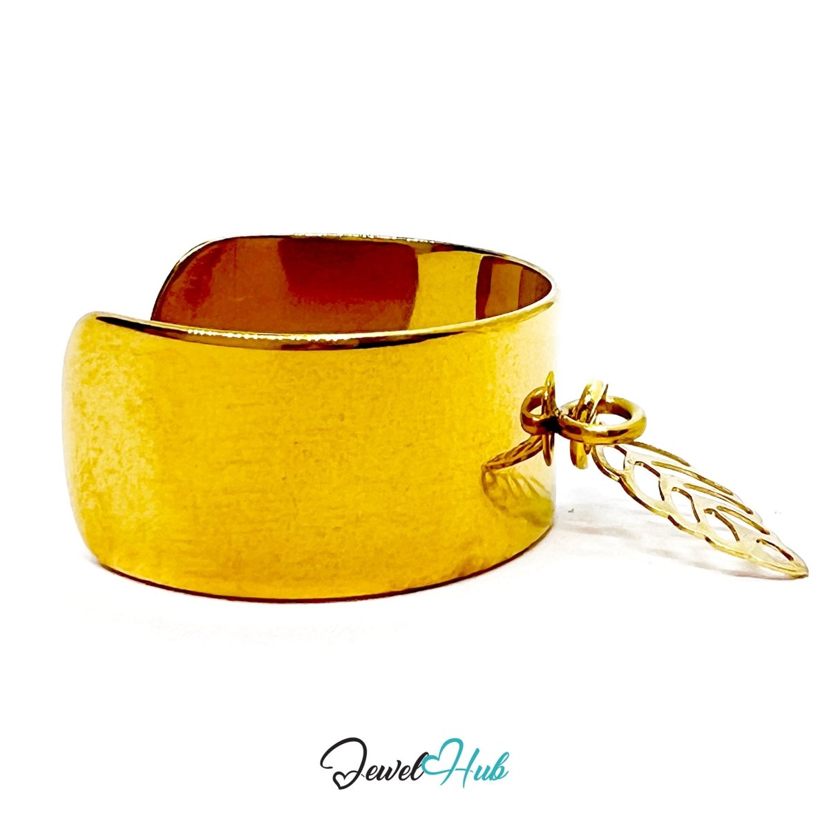 Stainless Steel Long Leaf Charm Ring – Gold‑Plated Wide Band, Adjustable Fit - JewelHub.co.uk