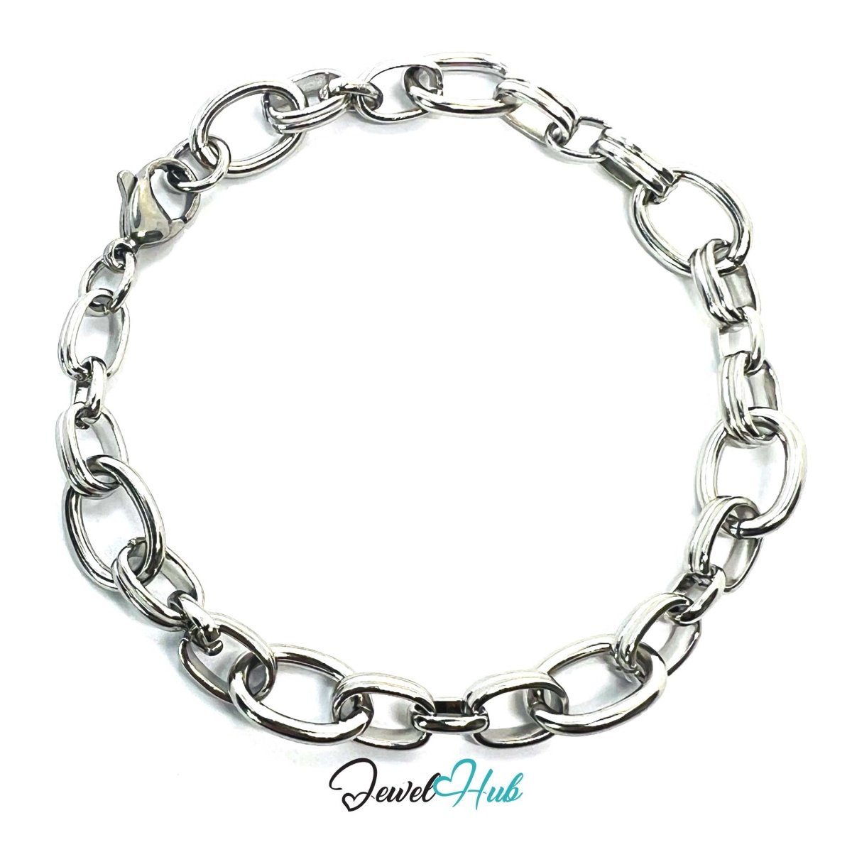 Stainless Steel MiniCharm™ Double Band Oval Loop Silver Bracelet - JewelHub.co.uk