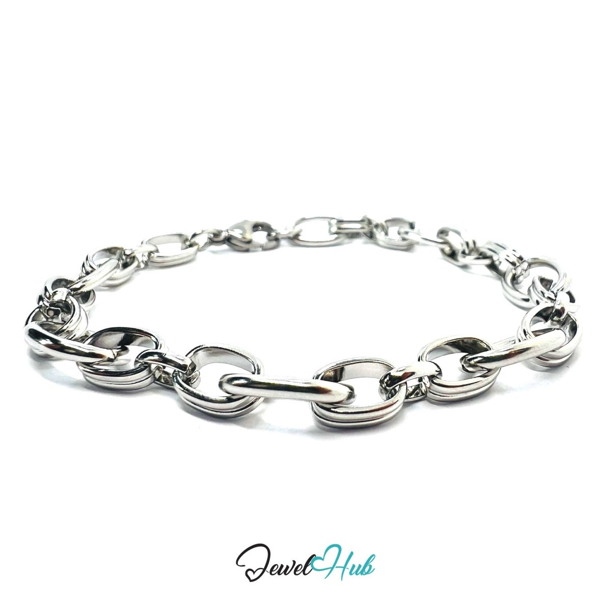 Stainless Steel MiniCharm™ Double Band Oval Loop Silver Bracelet - JewelHub.co.uk