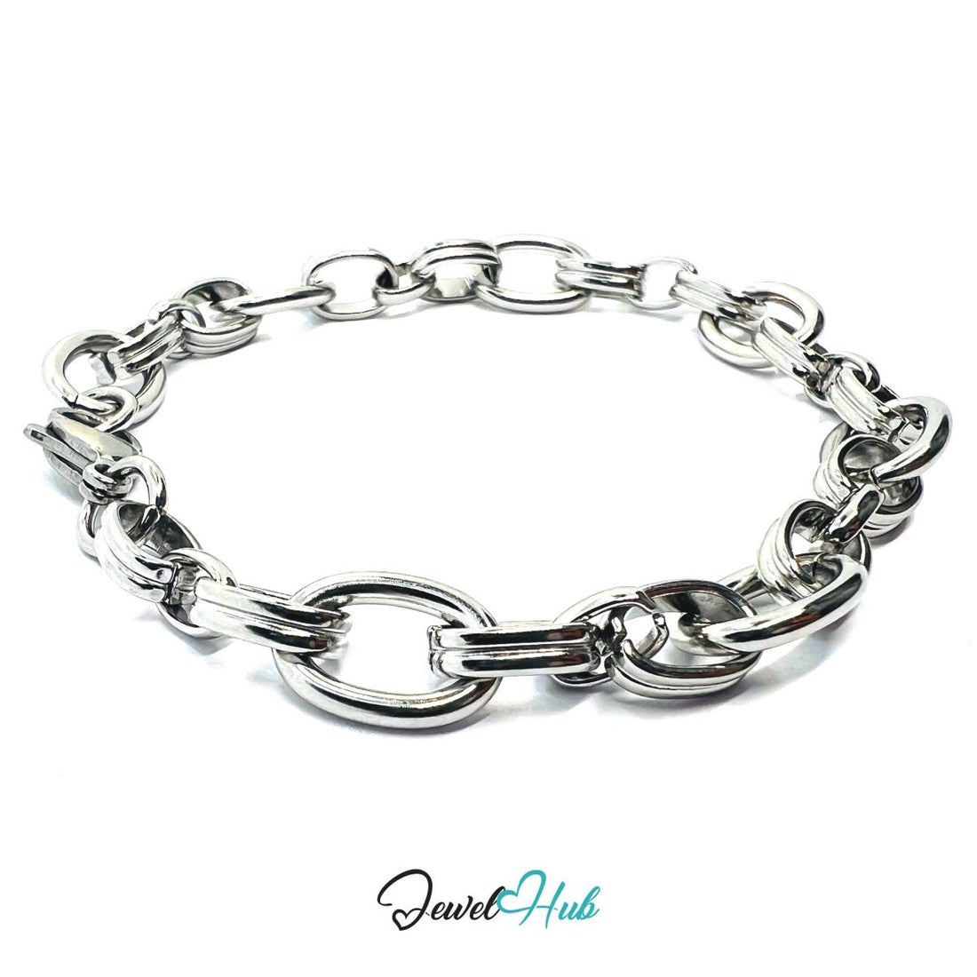 Stainless Steel MiniCharm™ Double Band Oval Loop Silver Bracelet - JewelHub.co.uk