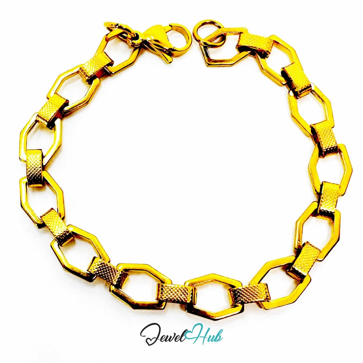 Stainless Steel MiniCharm™ Hexa Texture Link Gold Bracelet - JewelHub.co.uk