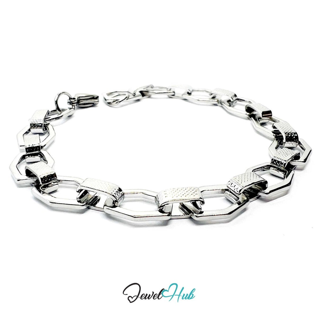 Stainless Steel MiniCharm™ Hexa Texture Link Silver Bracelet - JewelHub.co.uk