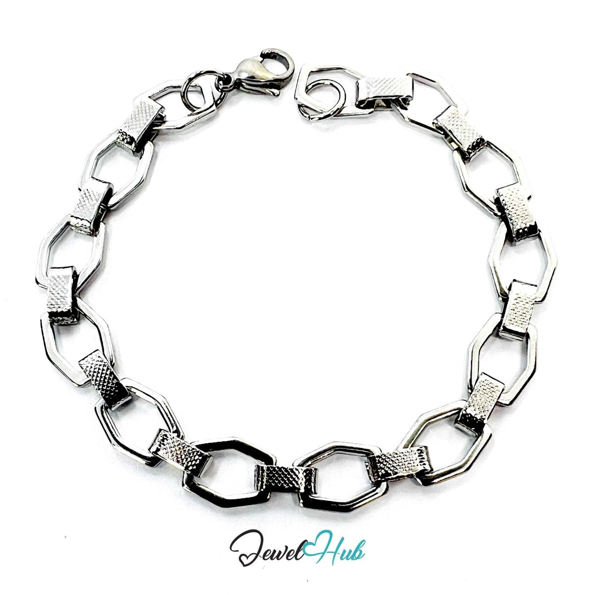 Stainless Steel MiniCharm™ Hexa Texture Link Silver Bracelet - JewelHub.co.uk