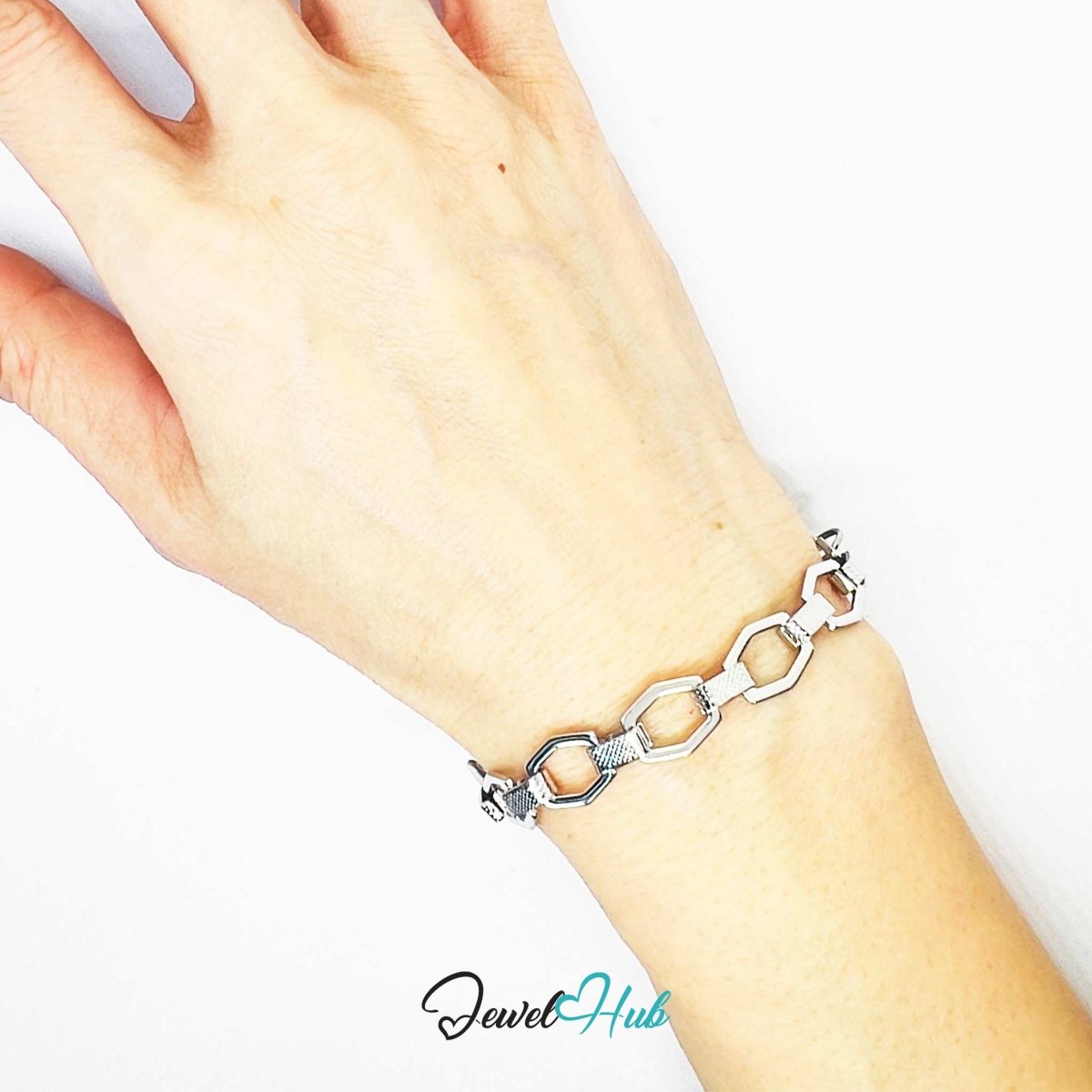 Stainless Steel MiniCharm™ Hexa Texture Link Silver Bracelet - JewelHub.co.uk