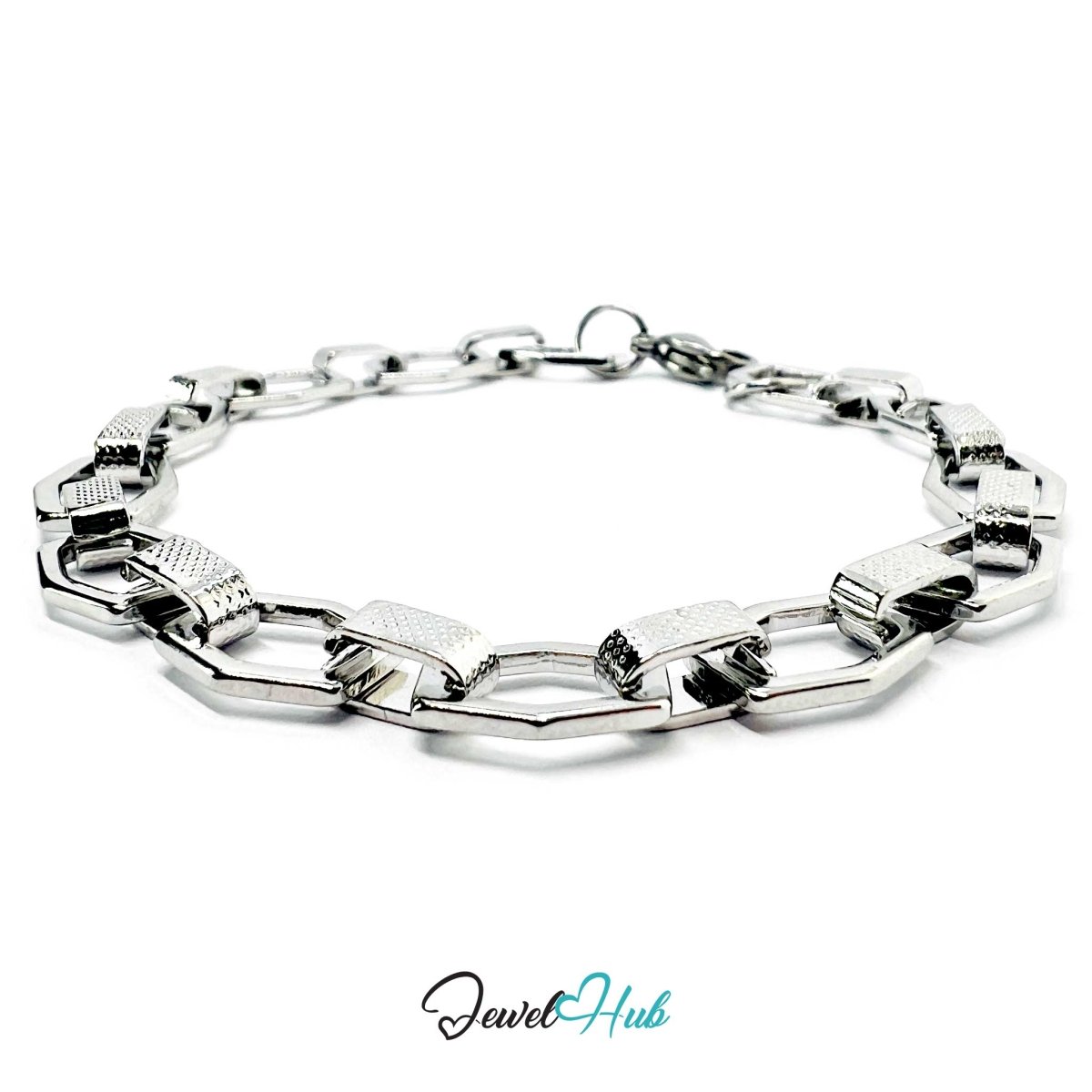 Stainless Steel MiniCharm™ Hexa Texture Link Silver Bracelet - JewelHub.co.uk
