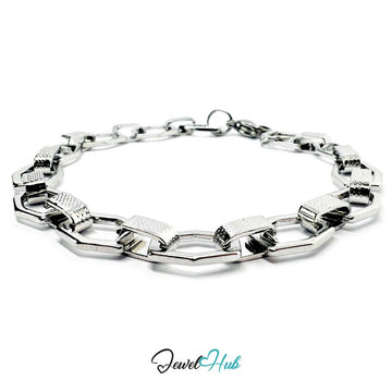 Stainless Steel MiniCharm™ Hexa Texture Link Silver Bracelet - JewelHub.co.uk