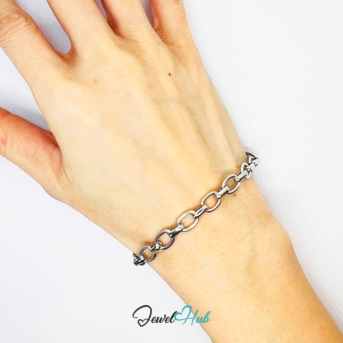 Stainless Steel MiniCharm™ Modern Oval Link Chain Silver Bracelet - JewelHub.co.uk