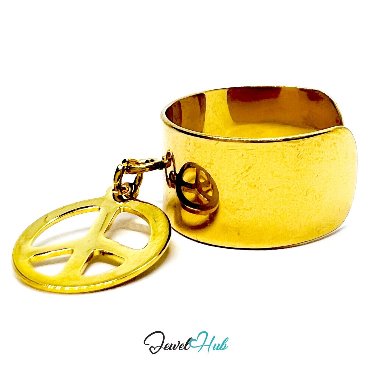 Stainless Steel Mountain Cutout Charm Ring – Gold‑Plated Wide Band, Adjustable Fit - JewelHub.co.uk