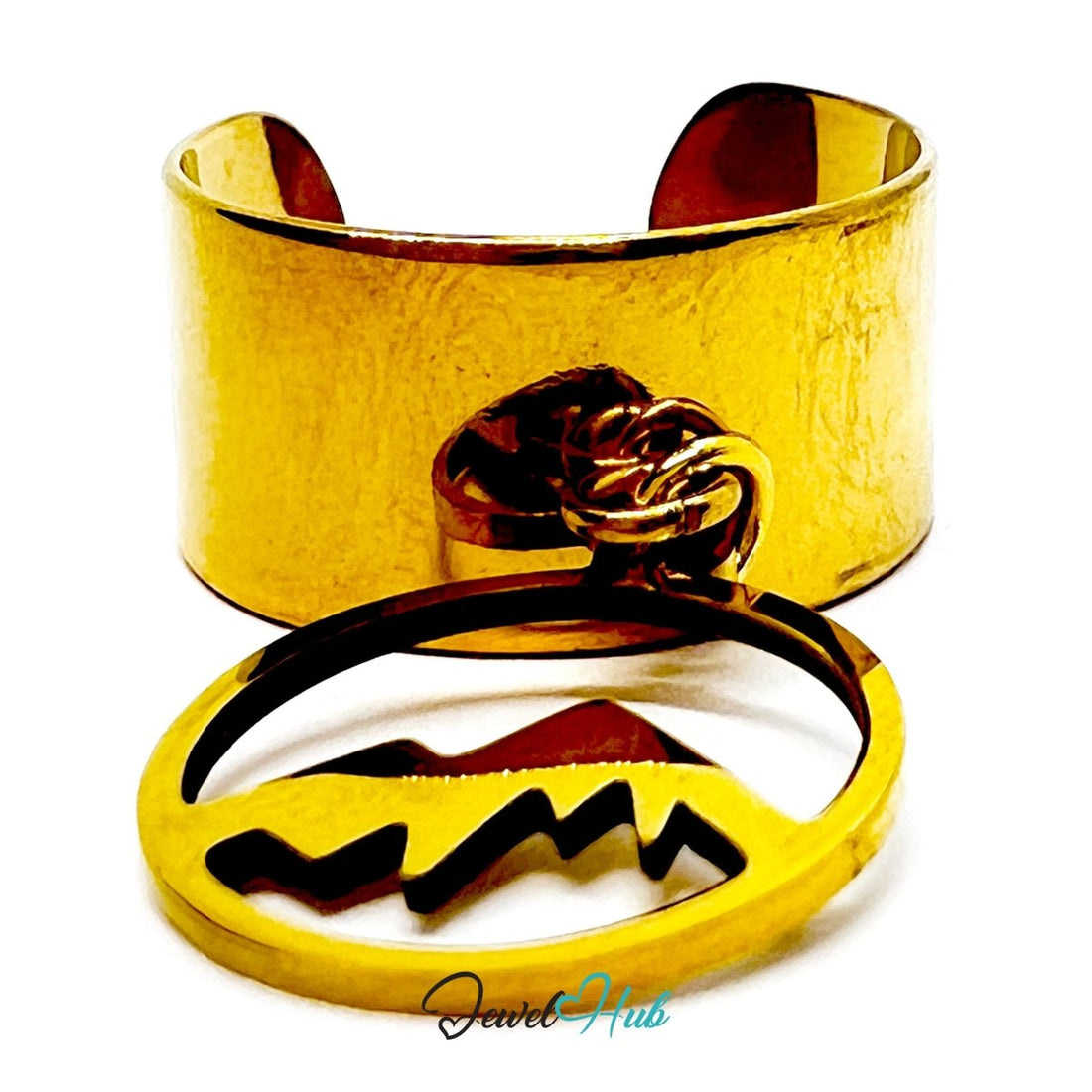 Stainless Steel Mountain Cutout Charm Ring – Gold‑Plated Wide Band, Adjustable Fit - JewelHub.co.uk