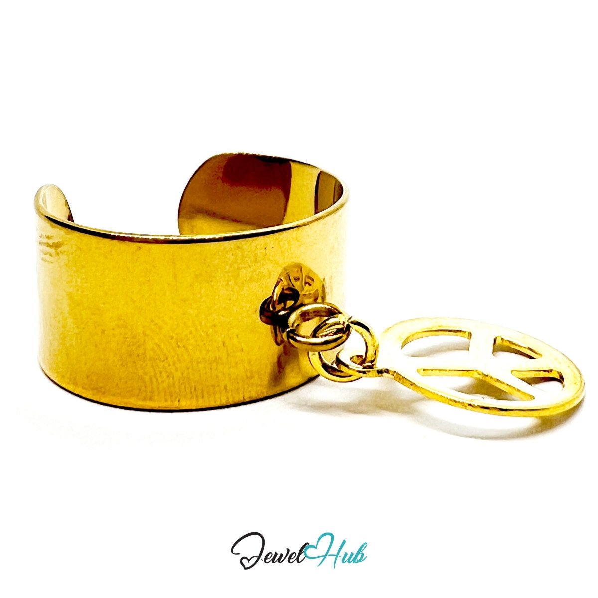 Stainless Steel Mountain Cutout Charm Ring – Gold‑Plated Wide Band, Adjustable Fit - JewelHub.co.uk
