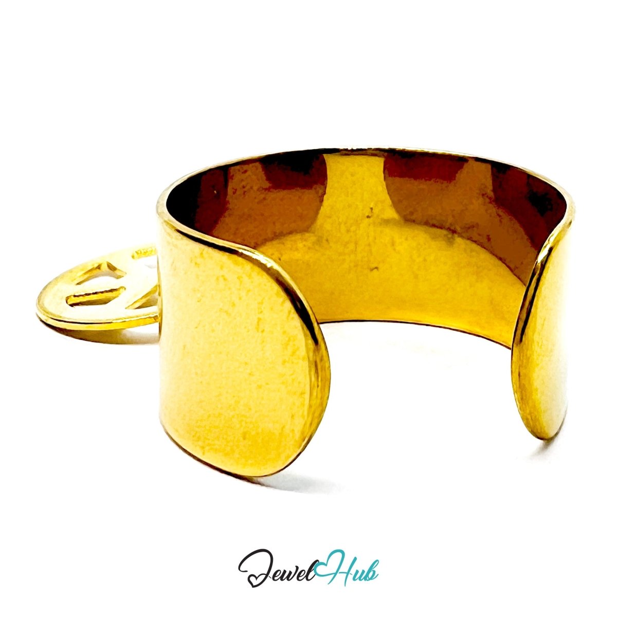 Stainless Steel Mountain Cutout Charm Ring – Gold‑Plated Wide Band, Adjustable Fit - JewelHub.co.uk