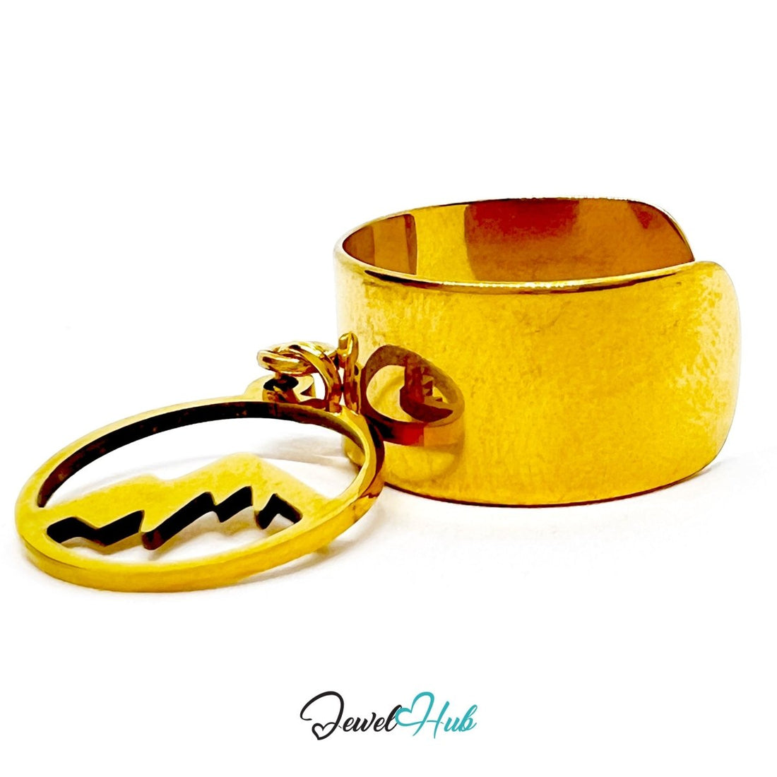 Stainless Steel Mountain Cutout Charm Ring – Gold‑Plated Wide Band, Adjustable Fit - JewelHub.co.uk