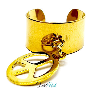 Stainless Steel Mountain Cutout Charm Ring – Gold‑Plated Wide Band, Adjustable Fit - JewelHub.co.uk