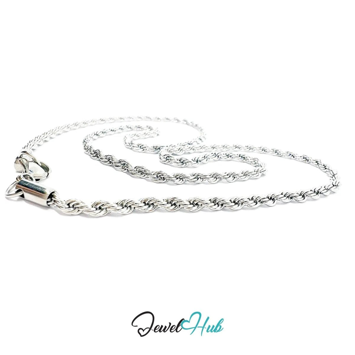 Stainless Steel Necklace 🌀 Twisted 3mm Rope Chain | 55cm Length - JewelHub.co.uk