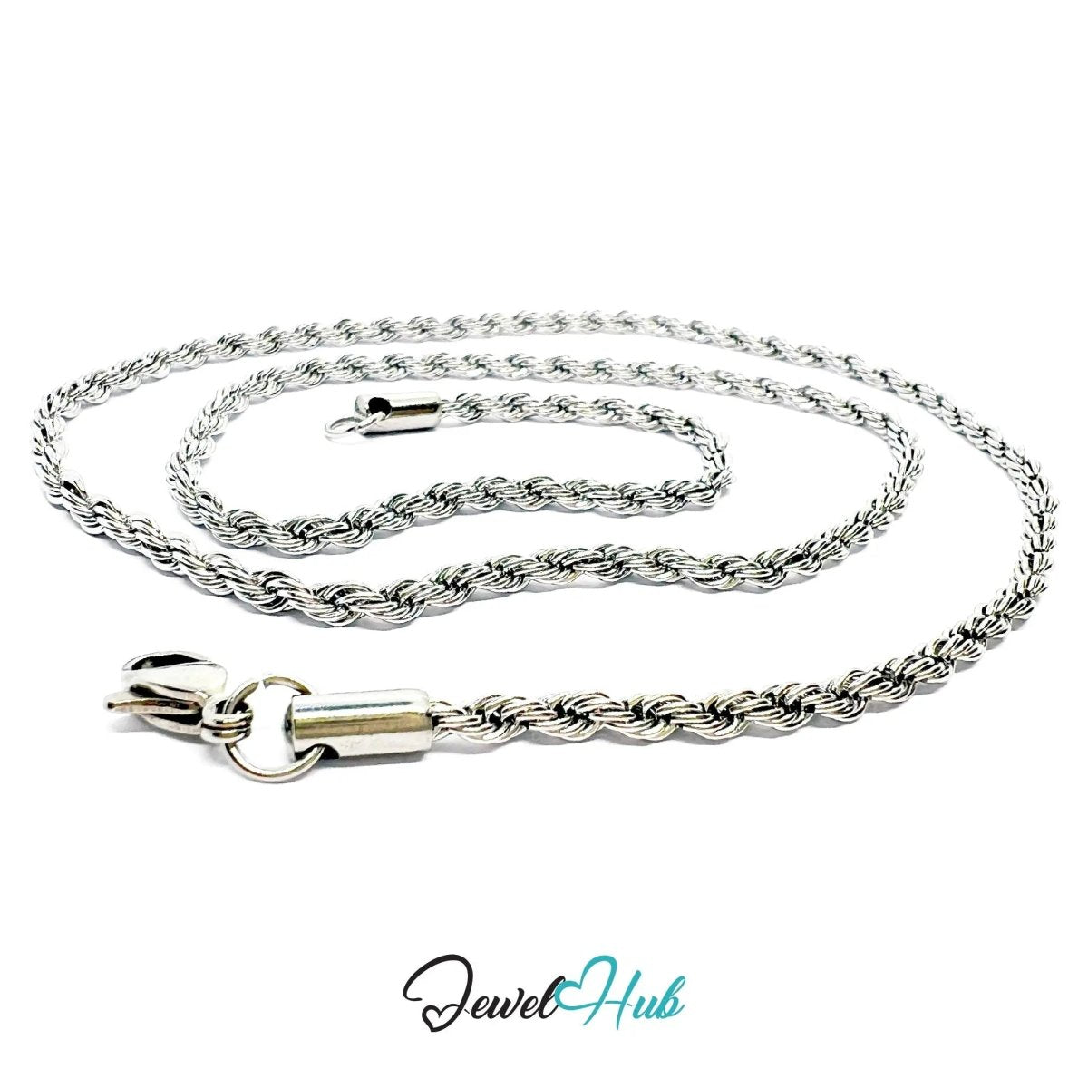 Stainless Steel Necklace 🌀 Twisted 3mm Rope Chain | 55cm Length - JewelHub.co.uk