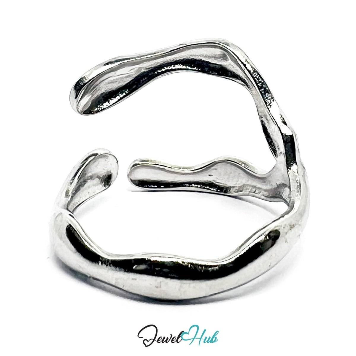 Stainless Steel Organic Contour Silver Ring – Sculptural Adjustable Fit - JewelHub.co.uk