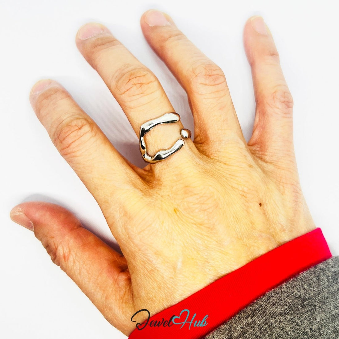 Stainless Steel Organic Contour Silver Ring – Sculptural Adjustable Fit - JewelHub.co.uk