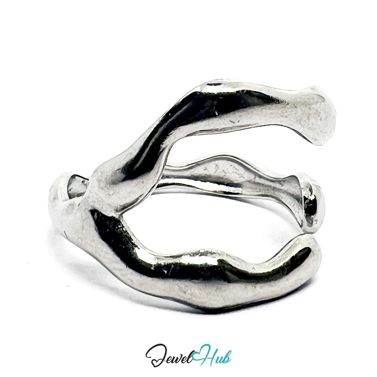 Stainless Steel Organic Contour Silver Ring – Sculptural Adjustable Fit - JewelHub.co.uk
