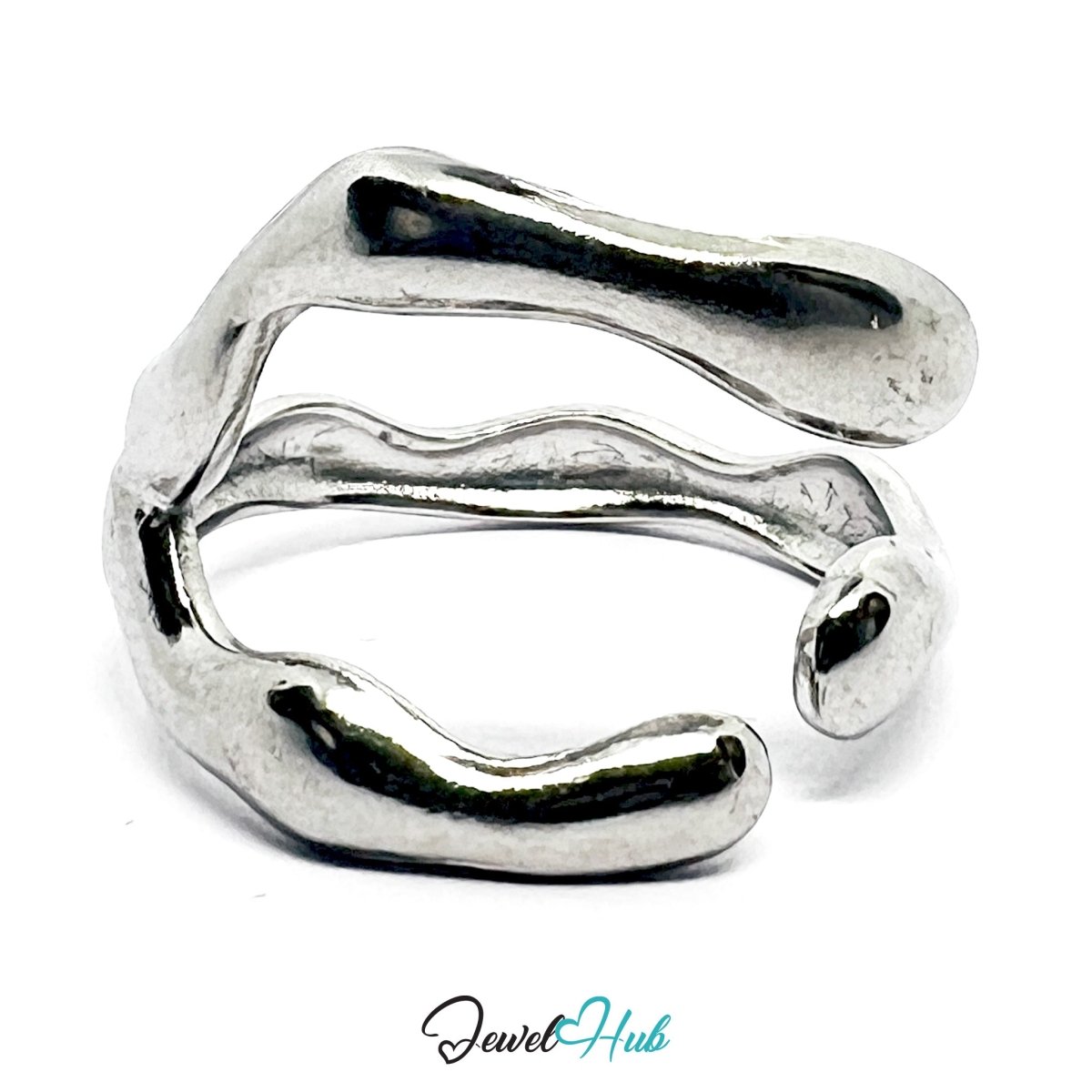 Stainless Steel Organic Contour Silver Ring – Sculptural Adjustable Fit - JewelHub.co.uk