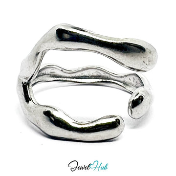 Stainless Steel Organic Contour Silver Ring – Sculptural Adjustable Fit - JewelHub.co.uk