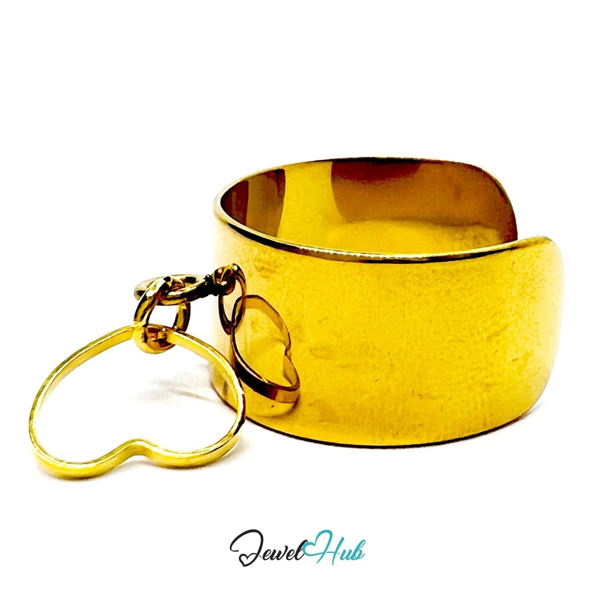 Stainless Steel Peace Symbol Charm Ring – Gold‑Plated Wide Band, Adjustable Fit - JewelHub.co.uk