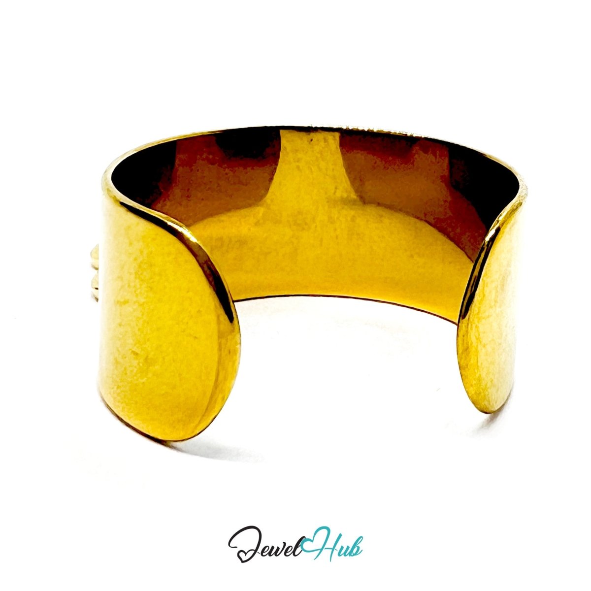 Stainless Steel Peace Symbol Charm Ring – Gold‑Plated Wide Band, Adjustable Fit - JewelHub.co.uk