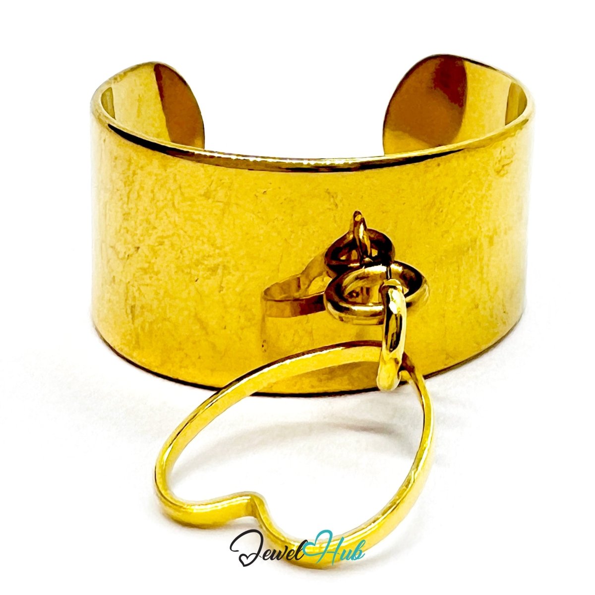Stainless Steel Peace Symbol Charm Ring – Gold‑Plated Wide Band, Adjustable Fit - JewelHub.co.uk