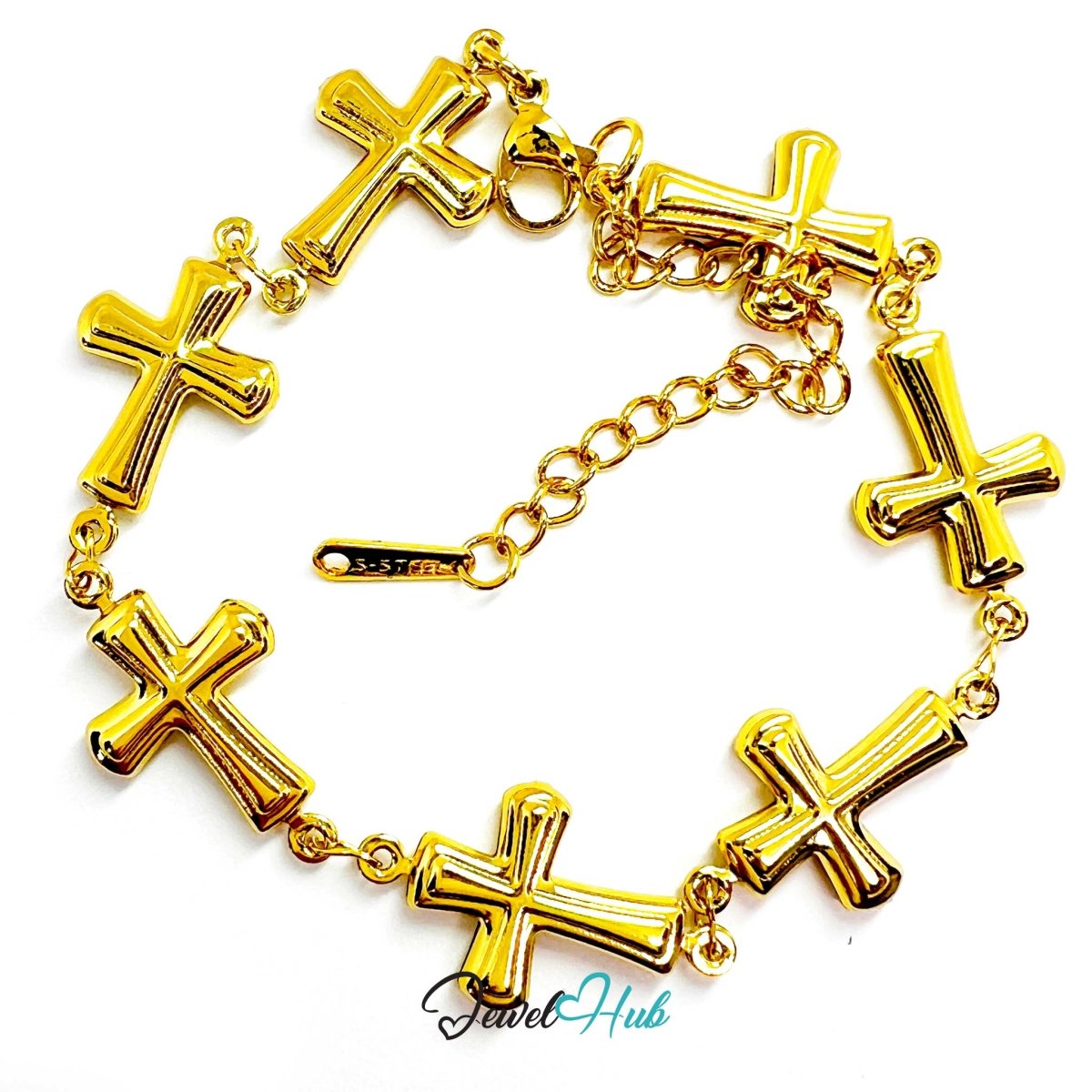 Stainless Steel Petite Cross Motif Gold Bracelet - JewelHub.co.uk