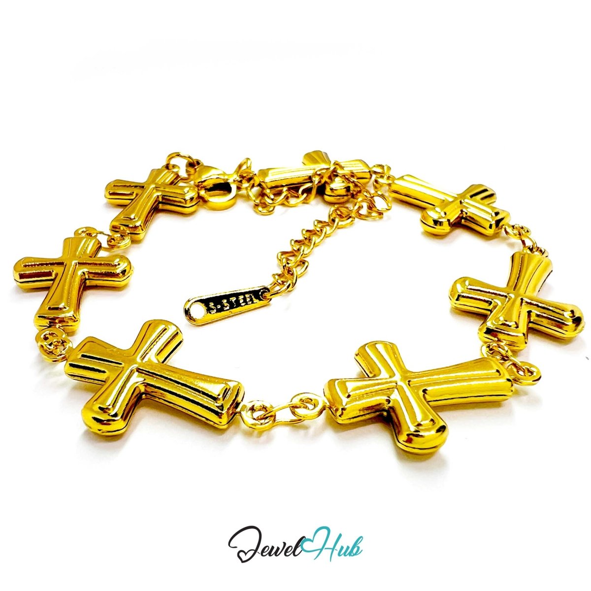 Stainless Steel Petite Cross Motif Gold Bracelet - JewelHub.co.uk