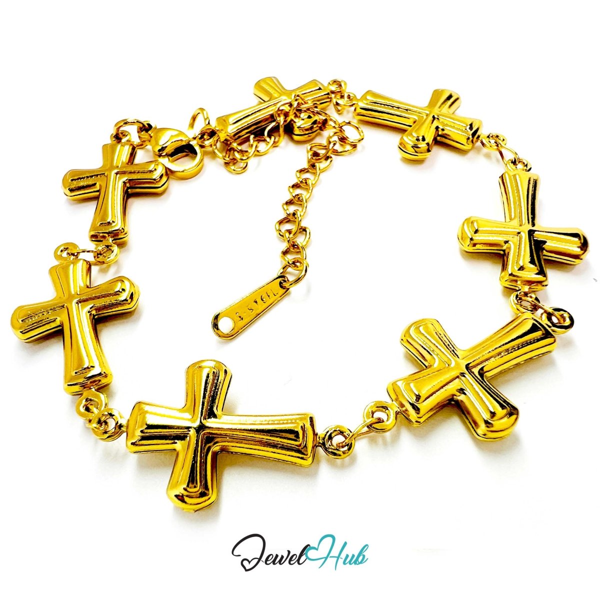 Stainless Steel Petite Cross Motif Gold Bracelet - JewelHub.co.uk