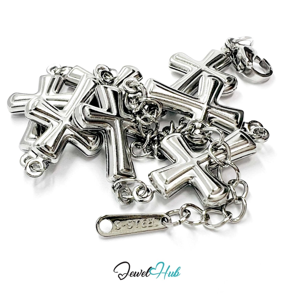 Stainless Steel Petite Cross Motif Silver Bracelet - JewelHub.co.uk
