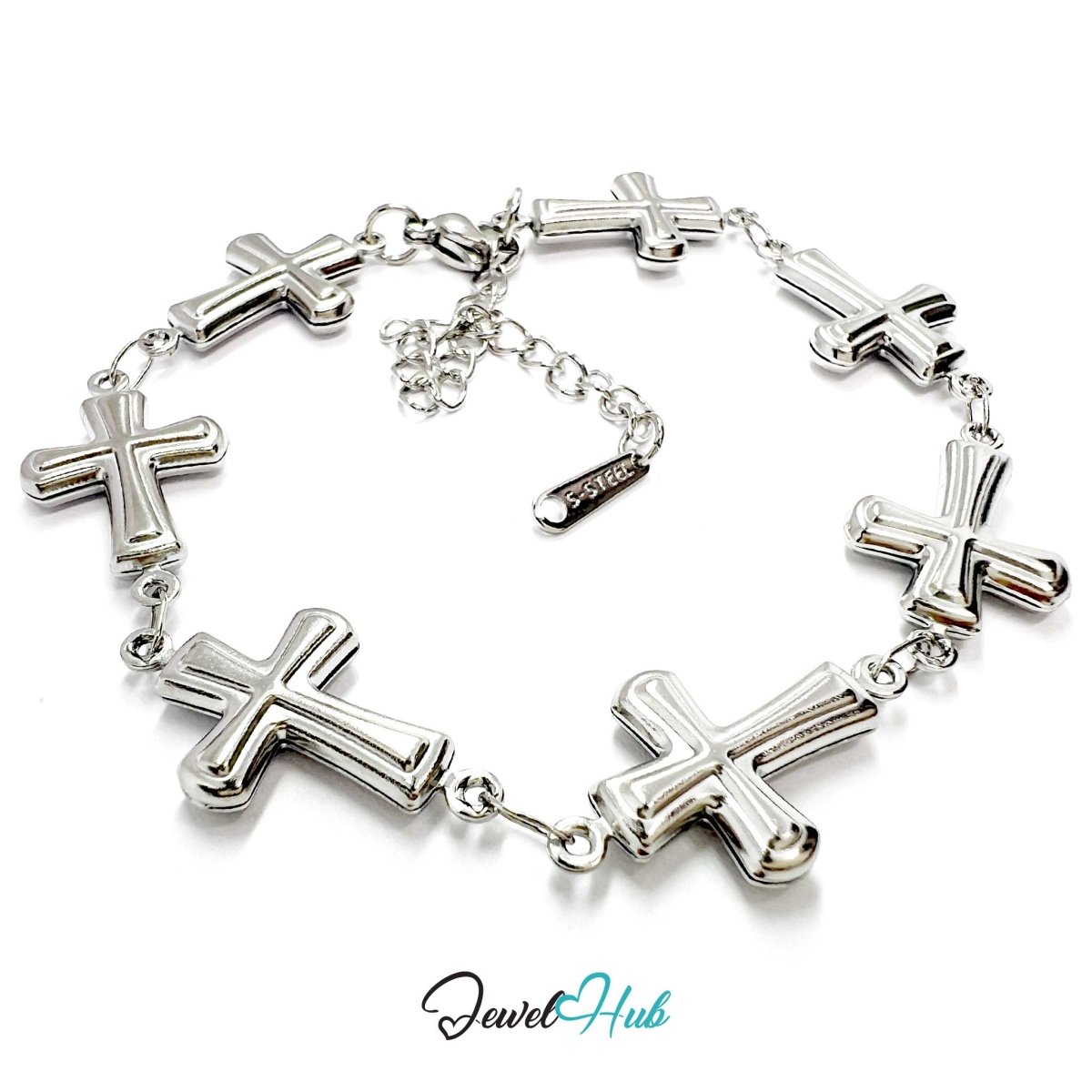 Stainless Steel Petite Cross Motif Silver Bracelet - JewelHub.co.uk