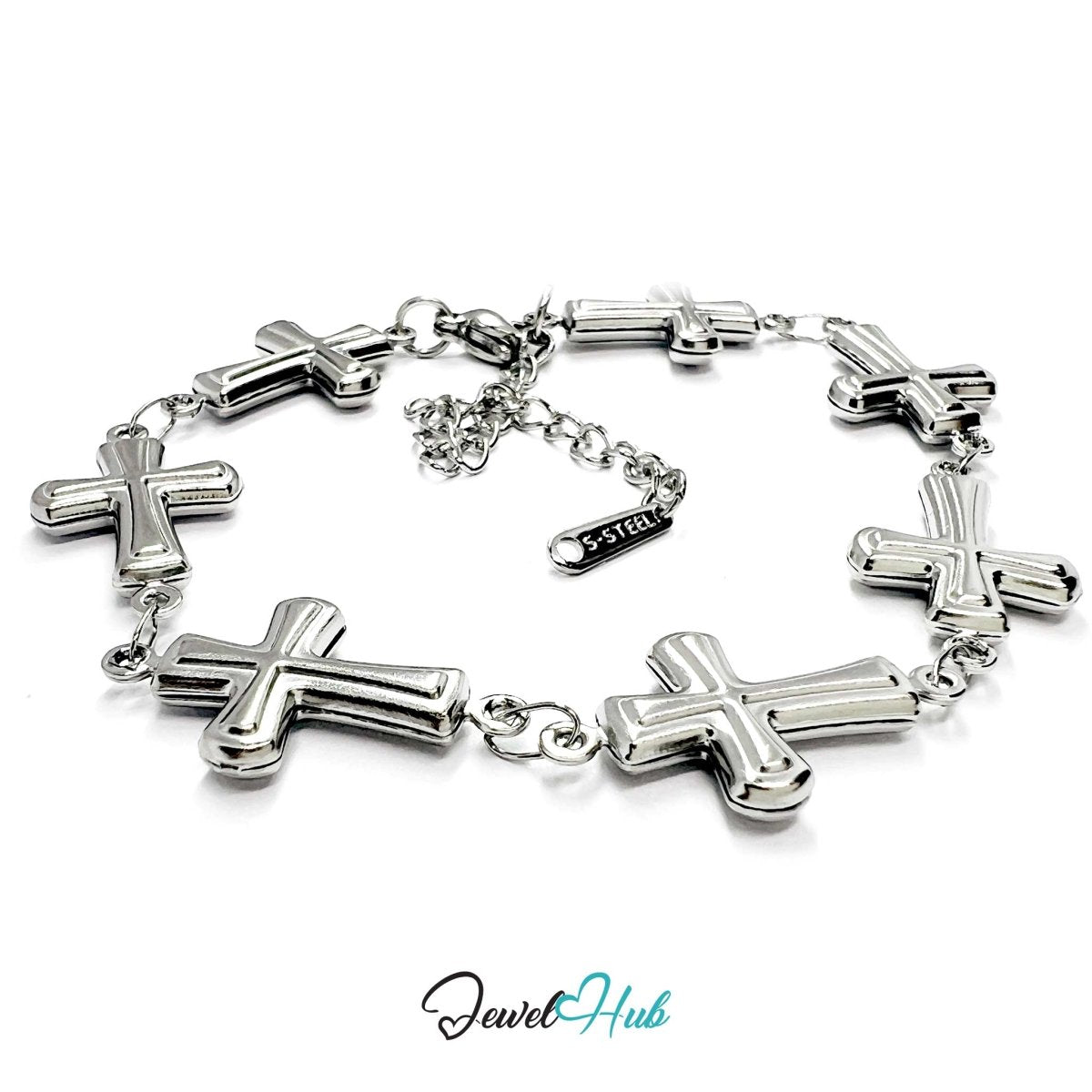 Stainless Steel Petite Cross Motif Silver Bracelet - JewelHub.co.uk