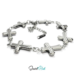 Stainless Steel Petite Cross Motif Silver Bracelet - JewelHub.co.uk