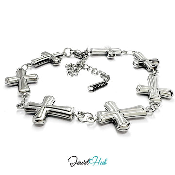 Stainless Steel Petite Cross Motif Silver Bracelet - JewelHub.co.uk