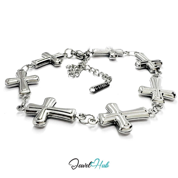 Stainless Steel Petite Cross Motif Silver Bracelet - JewelHub.co.uk