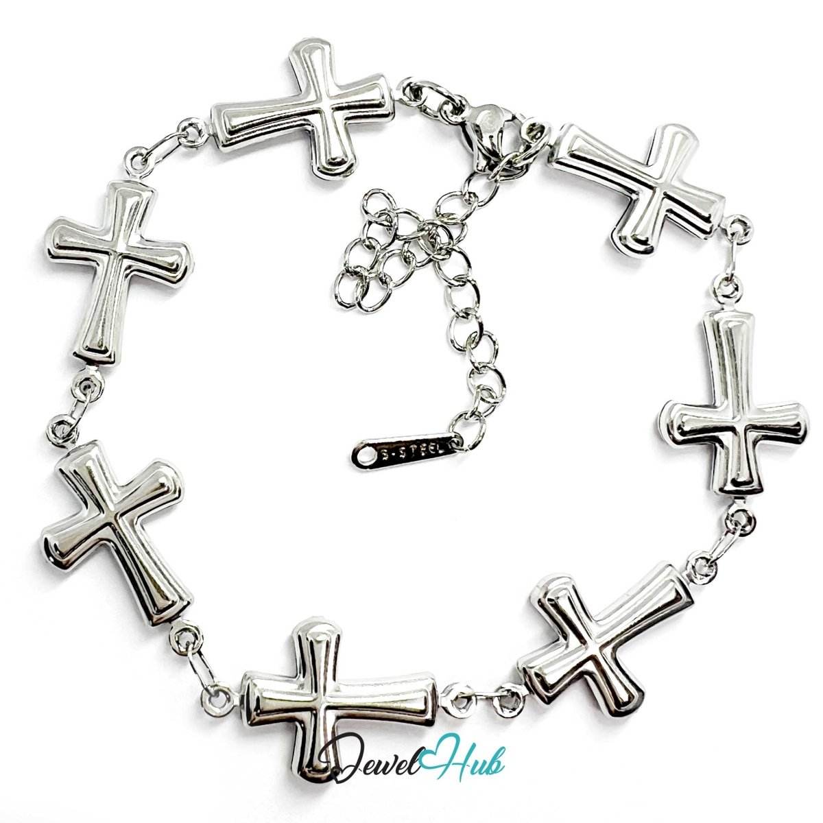 Stainless Steel Petite Cross Motif Silver Bracelet - JewelHub.co.uk