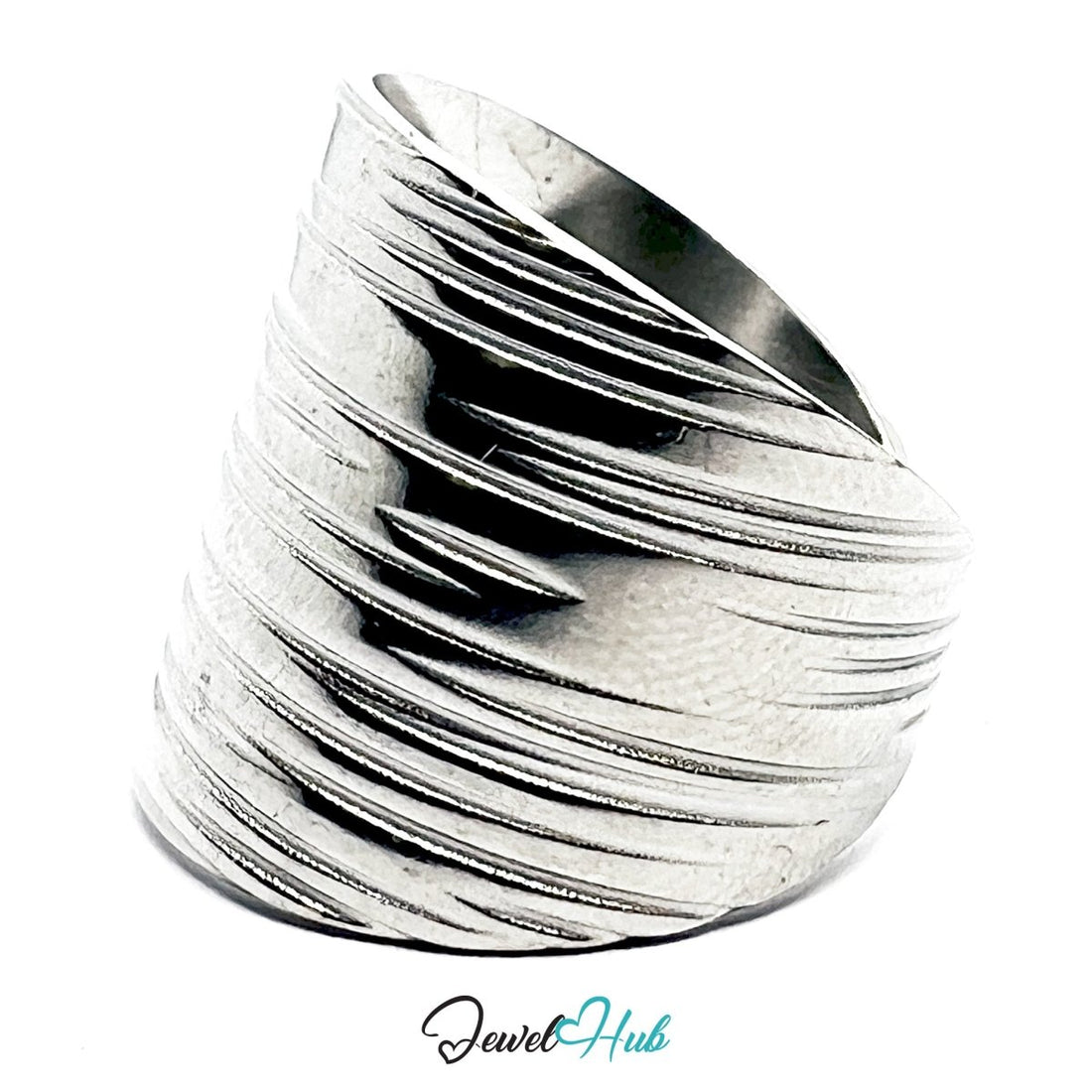 Stainless Steel Ripple Groove Silver Ring – Sculptural Texture, Adjustable - JewelHub.co.uk