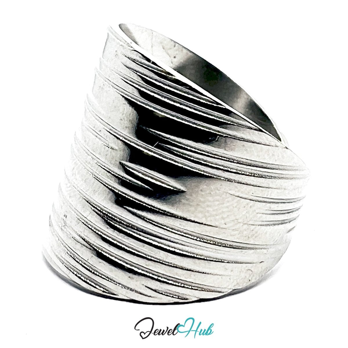 Stainless Steel Ripple Groove Silver Ring – Sculptural Texture, Adjustable - JewelHub.co.uk